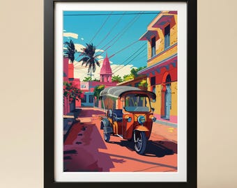May include: A framed art print depicting a vibrant street scene with an orange three-wheeled auto rickshaw parked on a sunlit road. The background features yellow and pink buildings, palm trees, and a temple spire under a bright blue sky.