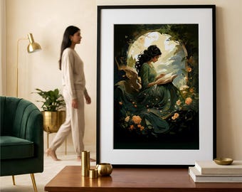 May include: A framed art print depicts a woman in a green dress reading a book in a garden setting. The artwork features a black frame, a dark green and gold color palette, and a woman with long black hair. The print is displayed on a dark wood table.