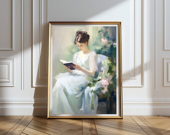 Vintage portrait de femme lisant, art numérique, scène d'intérieur, impression de peinture à l'huile ancienne, peinture à l'huile de femme
