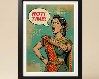 Indian Pop Art Print: Roti Time, Saree Woman (Digital Download)