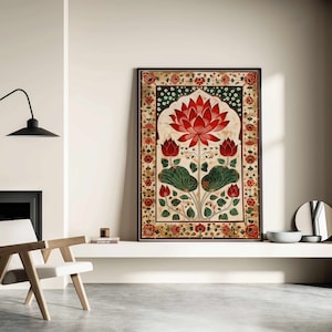 Indian Folk Art, Printable, Floral Prints, Living Room decor, Indian Vintage, Pichwai Painting, Poster, Wall Art, Desi Art