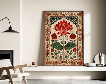 Indian Folk Art, Printable, Floral Prints, Living Room decor, Indian Vintage, Pichwai Painting, Poster, Wall Art, Desi Art