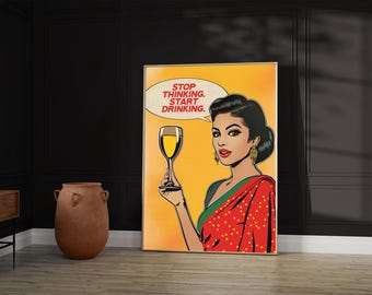 Indian Pop Art Print: Saree Woman Drinking Wine (Digital Download)