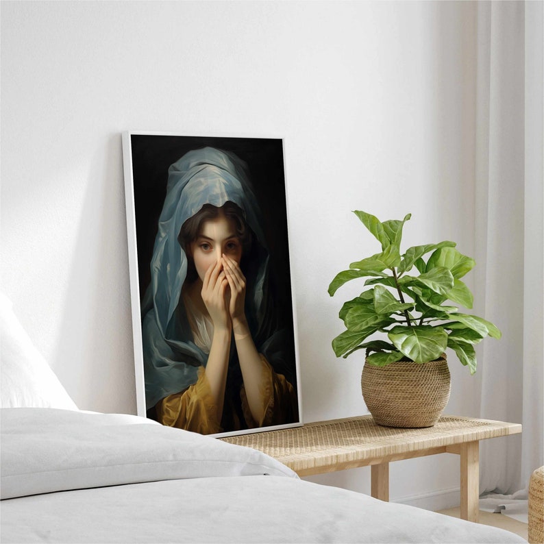 May include: A painting of a woman with her head covered in a blue and white patterned fabric. She is looking down and covering her face with her hands. The background is dark.