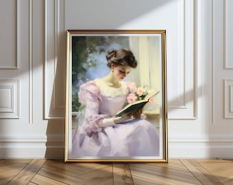 Vintage portrait de femme lisant, art numérique, scène d'intérieur, impression de peinture à l'huile ancienne, peinture à l'huile de femme