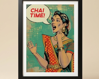 Chai Time Indian Art Print, Colorful Pop Style (Digital Download)