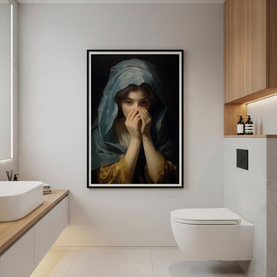Vintage Bathroom Art Print, Renaissance Lady with Toilet Humor (Digital Download)