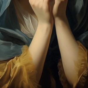 May include: A close-up of a woman's hands clasped together, with her arms crossed. She is wearing a yellow and blue dress with a ruffled sleeve.