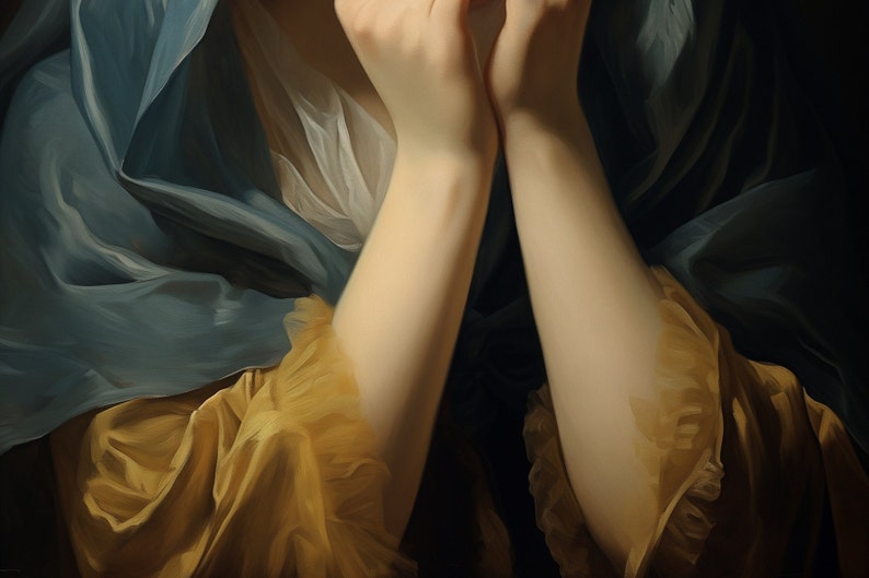 May include: A close-up of a woman's hands clasped together, with her arms crossed. She is wearing a yellow and blue dress with a ruffled sleeve.