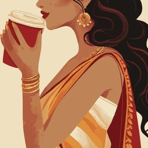 May include: A digital illustration of a person with long dark wavy hair, wearing gold hoop earrings, multiple gold bangles, and a draped orange and white garment, holding a red disposable coffee cup with a white lid against a cream background.