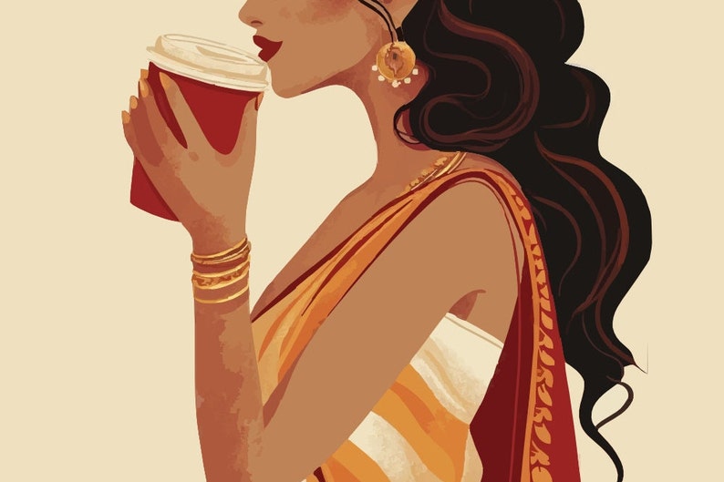 May include: A digital illustration of a person with long dark wavy hair, wearing gold hoop earrings, multiple gold bangles, and a draped orange and white garment, holding a red disposable coffee cup with a white lid against a cream background.