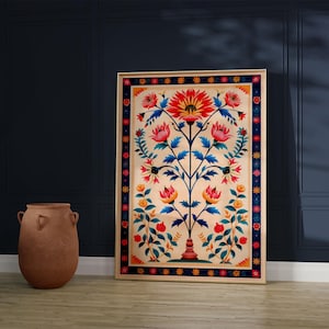 Indian Folk Art, Printable, Floral Prints, Living Room decor, Indian Vintage, Pichwai Painting, Poster, Wall Art, Desi Art