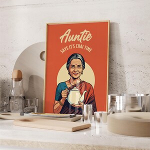 Art moderne indien, téléchargement numérique, affiche de tante Chai, cuisine Pop Art, femme, décoration murale de restaurant, nourriture Desi