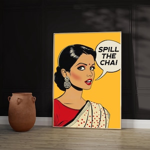 Art moderne indien, téléchargement numérique, affiche renverser le chai, cuisine pop art, décoration murale de restaurant, nourriture Desi, affiche de thé
