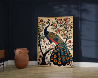 Madhubani Peacock Art | Digital Download | Pichwai Painting Style | Indian Folk Art Poster