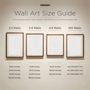 May include: A Wall Art Size Guide by Vermont featuring four dark wood frames with white mats. It lists print dimensions for 2:3, 3:4, 4:5, and ISO ratios, including sizes like 8x12 inches, 6x8 inches, 8x10 inches, and A4 210x297 mm for reference.