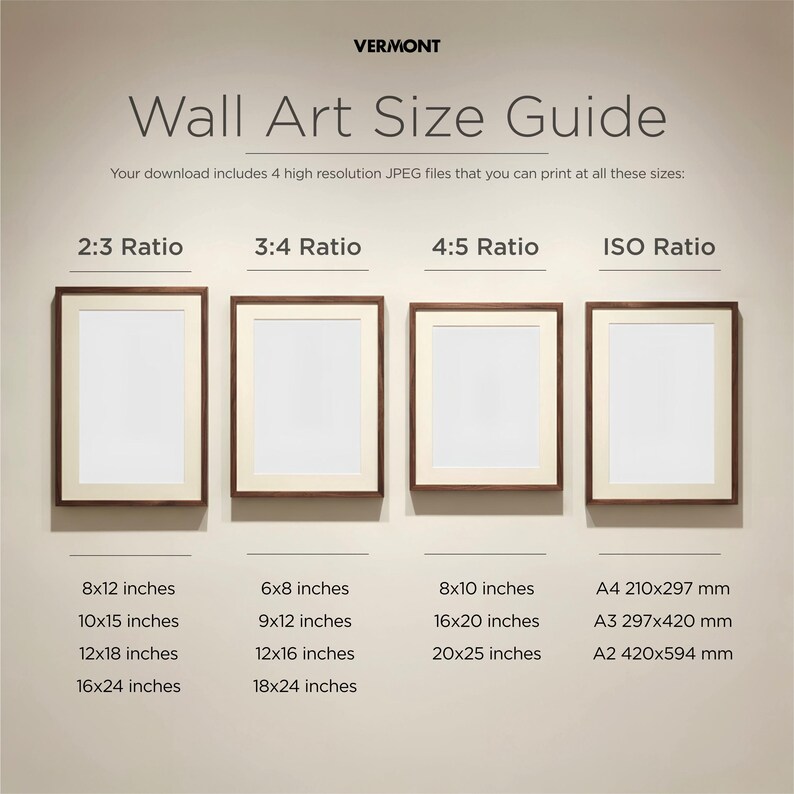 May include: A Wall Art Size Guide by Vermont featuring four dark wood frames with white mats. It lists print dimensions for 2:3, 3:4, 4:5, and ISO ratios, including sizes like 8x12 inches, 6x8 inches, 8x10 inches, and A4 210x297 mm for reference.