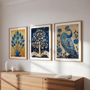 Pichwai Painting Prints: Indian Folk Art, Floral Peacock (Digital Download, Set of 3 JPEGs)
