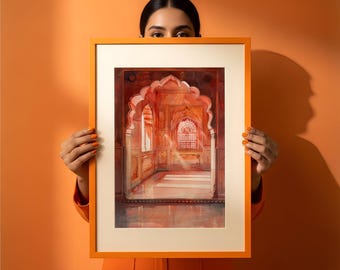 Aquarelle du palais de Jaipur : œuvre d’art indienne vintage (téléchargement numérique)