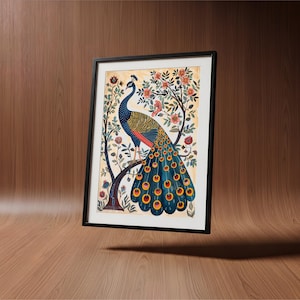 Madhubani Peacock Art Print: Colorful Indian Folk Digital Download