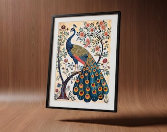 Madhubani Peacock Art Print: Colorful Indian Folk Digital Download