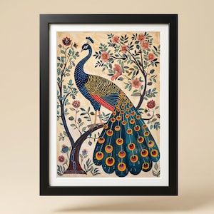 Madhubani Peacock Art Print: Colorful Indian Folk Digital Download