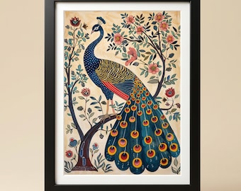 Madhubani Peacock Art Print: Colorful Indian Folk Digital Download