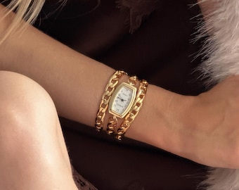 Gouden wikkelhorlogeband met ketting • 18 kt verguld, vintagestijl