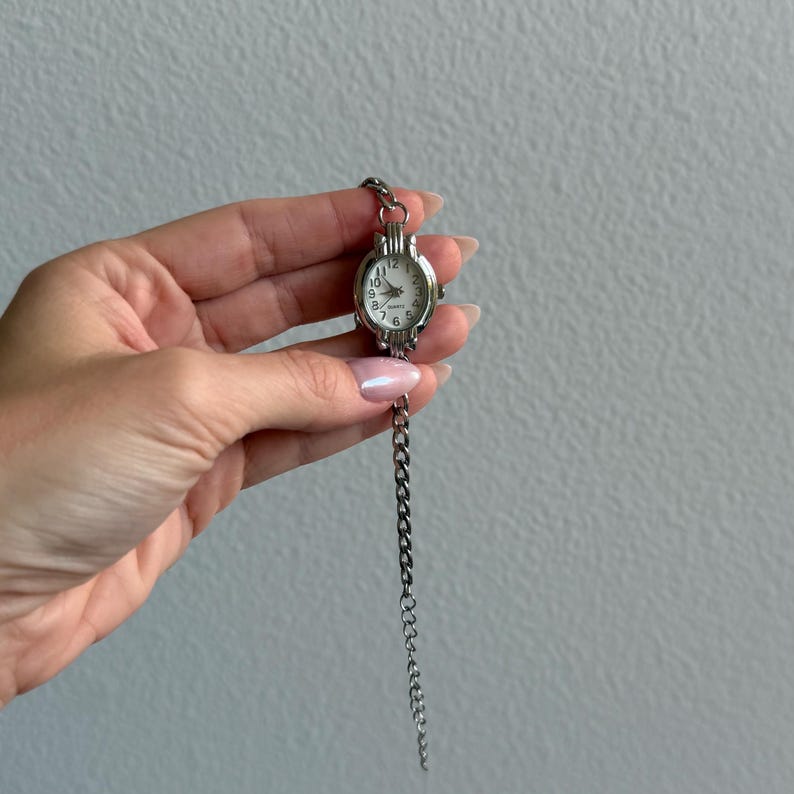 Handgemaakte zilveren horlogeband: vintage polshorloge met dikke ketting afbeelding 4