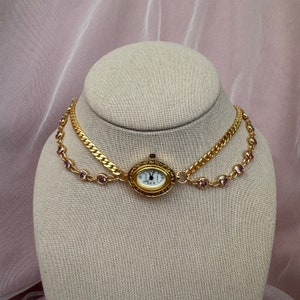 Watch Choker Necklace with Pink Rhinestones