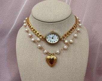 Watch Choker Necklace with Heart Locket and Freshwater pearls