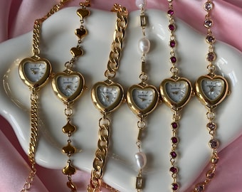 Heart Watch Bracelet • Gold Chain, Pearl, and Crystal Adjustable Watch