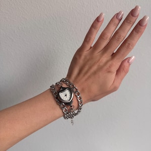 Heart-Shaped Layered Watch Bracelet – Double Chain Elegant Jewelry for Women