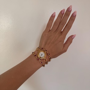 Vintage-Inspired Watch Bracelet with Burgundy Rhinestones | Gold Chain Beaded Wristwatch | Statement Jewelry Gift for Her