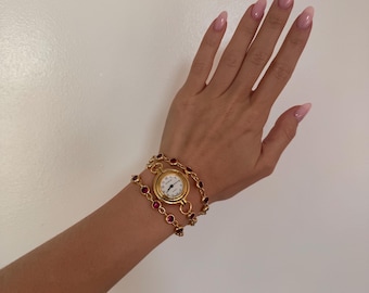Vintage-Inspired Burgundy Rhinestone Watch Bracelet: Gold Chain Wristwatch