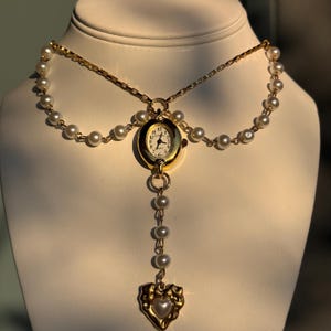 Pearl Watch Necklace – Handmade Heart Pendant Choker, Vintage-Inspired Gold Jewelry, Romantic Coquette Gift, Functional Clock Jewelry