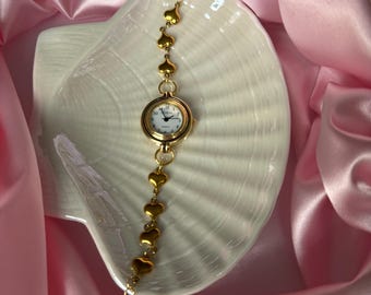 Gold Heart Watch Bracelet: Stainless Steel Band, Adjustable Fit