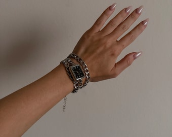 Watch Bracelet with Black Face and  Double Silver Chain