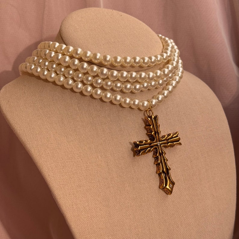 Baroque Pearl Choker: Gold Cross Pendant, Gothic Victorian Necklace - Etsy