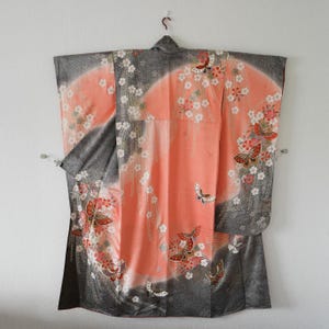 Vintage Silk Furisode Wedding Kimono Peach Gradient, Sakura & Butterfly Motifs