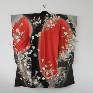 Vintage Furisode Kimono | Pure Silk | Red x Black with Butterflies and Lilies