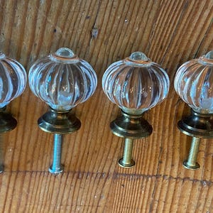 May include: Six clear glass cabinet knobs with a ribbed, pumpkin-shaped design. Each knob has a brass base and a threaded screw for installation. The knobs are arranged in a row on a wooden surface.