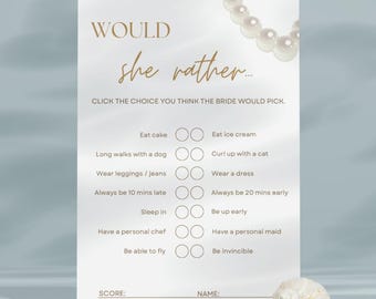 Pearls & Prosecco Bridal Shower Game: 'Would She Rather' (Digital Download)