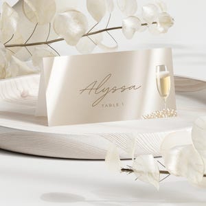 Modèle de marque-places perles et prosecco, décorations de table imprimables, shower de mariage perles et prosecco, carte de visite modifiable pour shower de mariage