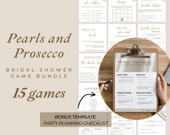 May include: A printable bridal shower game bundle with 15 games, including "Would She Rather", "Bridal Bingo", "Family Feud: Bridal Edition", "Don't Say Bride", "He Said, She Said", "Bridal Shower Trivia", "Who Knows the Bride Best", "Scavenger Hunt", and a party planning checklist. The games are designed with a pearl and prosecco theme.