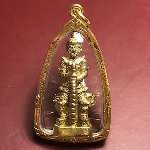 May include: A gold pendant featuring a detailed figurine of a warrior in a protective pose, encased in a clear glass frame.