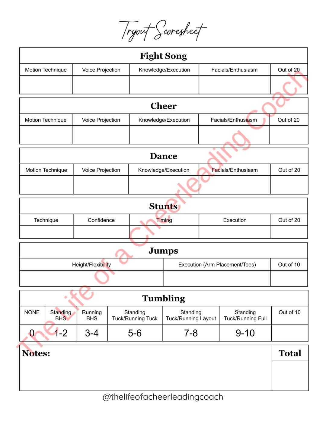 Cheerleading Tryout Scoresheet Etsy