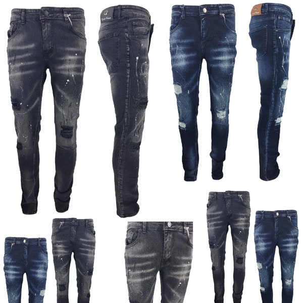 Men's Denim Jeans Peviani Slim Fit Stretch Ripped Paint Splatter Distressed Mens Jean Casual Wear