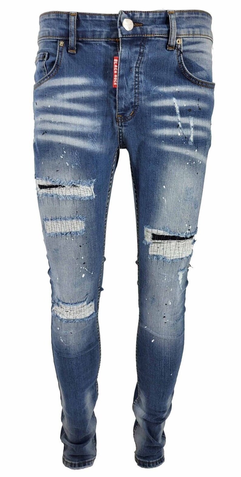 Mens Black Rock Jeans Patchwork Paint Splatter Distressed Ripped Denim