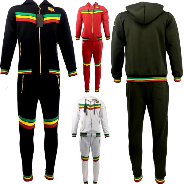 Mens Tracksuit 2 Piece Zipper Rasta Multicolour Men's Matching Sweatshirts Sweatpants Athletic Hoodie & Joggers Zip Pants Bottoms Track Suit